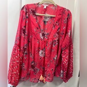 Size 2x- Time and Tru Coral Sheer Tie Front Floral Print Shrug/cardigan